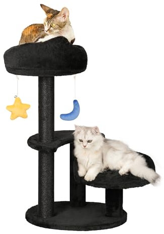 Meecal Small Cat Tree for Kittens Under 6 Months, Max Weight 5lbs - Cloud Design with Bed & Toys, Compact Scratching Post with Dangling Balls, Black