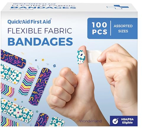 Quick Aid First Aid Wonderland Bandaids Assorted Packs of 100 Fun Designs for Kids and Adults Gentle Grip Soft Breathable Latex Free Bandaids for Smaller