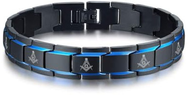 PJ JEWELLERY 2 Ton Schwarz Blau Edelstahl Freemasons Masonic Symbol Gliederarmband Für Herren Jungen Bruder Mason Armband Geschenk für Herren,Tool zum Entfernen von Links