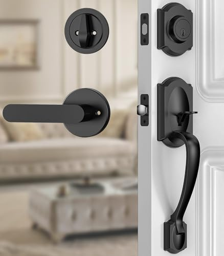 Calzibeno Front Door Lock Set, Black Front Door Handle and Deadbolt Set, Vintage Exterior Door Lock Set, Front Door Handle with Single Cylinder, Reversible for Right & Left, Matte Black