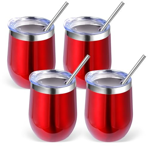 Volhoply 12oz Edelstahl Weinbecher mit Deckel Bulk 4 Pack,350ml Doppelwandige Vakuum Stemless Weingläser,Metall Reise Kaffeebecher mit Strohhalm,Isolierte Tasse Geschenke für Frauen(Rot,4 Set)