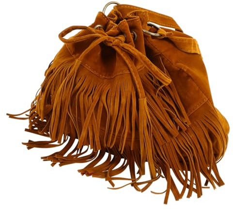 Braune Fransenquastentasche Damen Umhängetasche aus Samt für Alltag | Fransen Tasche, Vintage Beutelform mit Kordelzug, Braun, Vielseitig Tragbar, Stilvoll und Retro