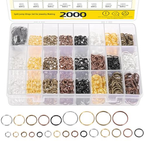 Mardatt 2000 Stück 5mm 6mm 8mm 10mm 14mm Split Jump Ringe Set, mehrfarbige Doppel Loop Jump Ringe Doppel Split Ring für DIY Halskette Armband Handwerk Herstellung