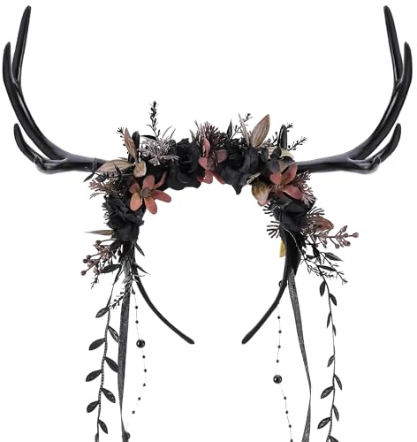 MOSTORY Black Flower Antler Headpiece - Dark Floral Reindeer Headband for Witch Aesthetic Cosplay Renaissance Accessories Women, Gothic Deer Horns Headband with Vine for Fantasy Photo Shoot