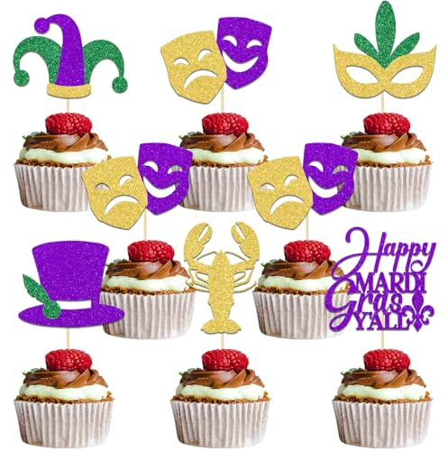 Happy Mardi Gras Y'all Cupcake Topper, Happy Mardi Gras Birthday Cupcake Topper, Maskerade Masken Party Dekoration, Karneval Motto Geburtstag Junggesellinnenabschied Supplies Gold Grün Lila Glitzer