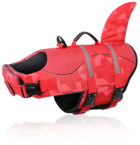 CITÉTOILE Schwimmweste Hunde Hai, Leicht und Sicher für Wassersport, hundeschwimmweste mit Griff und Reflektierend für Kleine Mittlere und Große Hund, Dreiecksmuster, Rot, S