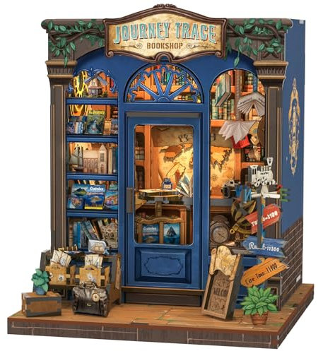 Fsolis DIY Book Nook Kit - Holz Puppenhaus Bausatz, Miniatur Tiny House Bastelset für Bücherregal Deko, Kreatives Home Desk & DIY Geschenkidee(Journey Trace Bookshop)