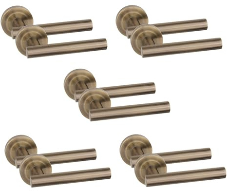 Golden Grace T-Bar Straight Door Handles Antique Brass Metal, 5 Pairs | Sleek rose base design elevates interior doors, providing a solid construction with a smooth and comfortable grip.