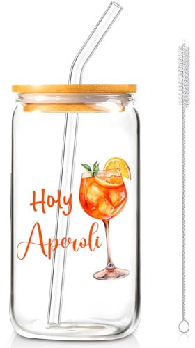 YYSWSAKY Aperol Spritz Gläser Glas mit Deckel Strohhalm Aperol Spritz Accessoires Aperol Geschenke für Frau Aperol Spritz Gläser Geschenkset