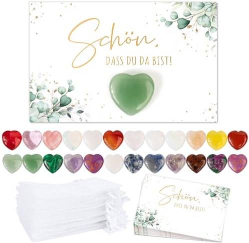 BOFUNX 24 Set Steine Gastgeschenke, Herz Steine + Schön dass du da bist Karte + Organzasäckchen, Hochzeit Taufe Danke Gastgeschenke Glücksbringer
