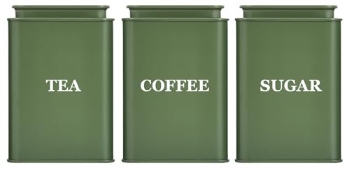 Bayseun Tea Coffee Sugar Canisters, Set of 3 Tea Coffee and Sugar Canisters for Home, Easy Open & Airtight Lids, Decorative Food Caddy, Kitchen Storage Jars, Decorative Stainless Tins (Green Square)