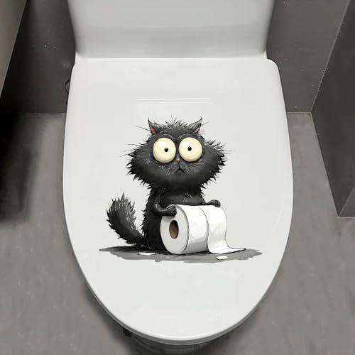 Leniutor 1pcs Cat Toilet Lid Stickers, Toilet Tank Lid Decals Waterproof, Cartoon Cute Closestool Seat Decals, Bathroom Restroom Door Seat Decoration (Black Cat)