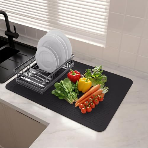 Extra große Silikon-Abtropfmatte, 50 x 70 cm, rutschfeste, hitzebeständige und leicht zu reinigende Küchenablaufmatte, geeignet für Theken, Spülbecken, Kühlschränke (schwarz)