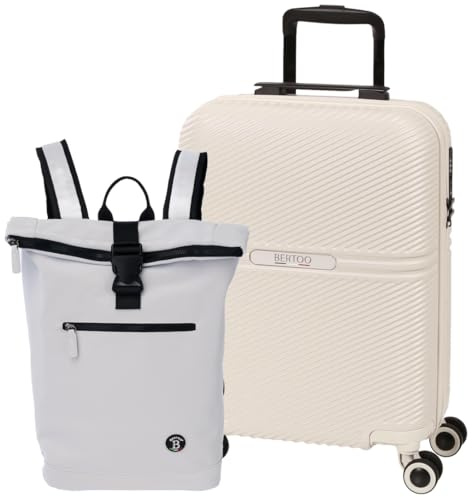 BERTOO Monza I. 2-teiliges Hartschalen-Gepäckset: Kabinenkoffer (55 x 37 x 21 cm) und Reiserucksack mit TSA-Schloss und 4 Doppelrollen, Elfenbeinweiß, für Damen