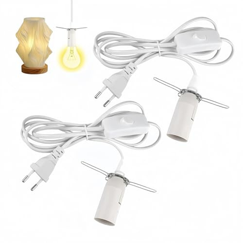 2 Stück Lampenfassung E14 mit Kabel und Schalter Weiß,Kabel mit Schalter für Salzlampe Lampenfassung,E14 Fassung 1,8M Lampenkabel und Schalter EU-Stecker für Lampenaufhängung,Stimmungslicht,DIY Lampen