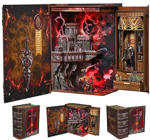 MiniCity Feuerschwert Book Nook Bausatz, DIY Miniaturhaus aus Holz mit LED | Aufklappbares Sammlermodell: geschlossen wie ein Buch, geöffnet als LED-Miniaturszene; 255 Teile, 4–6 Std., ab 14 Jahren.