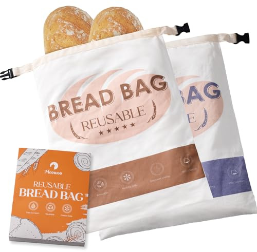 Meowoo 2Pcs Beeswax Bread Bags for Homemade Bread, Reusable Beeswax Bags for Sourdough, Cotton Waxed Bag with Buckle Closure, Keeps Fresh Longer Food Storage Bag, 43 x 32cm, Blue & Brown