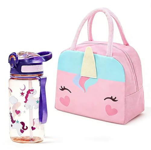 Set de Lonchera y Botella de Unicornio para Niñas – 2Pcs: Bolsa Térmica Aislada + Botella de Agua con Paja a Prueba de Fugas – Sin BPA, Ligera y Portátil para Escuela Viaje y Picnic (Rosa y Morado)