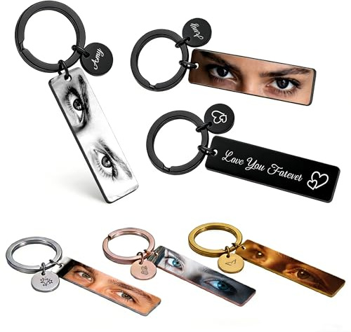Porte-clés personnalisé avec photo d'œil pour les couples - Cadeau en métal rectangulaire pour petit ami/petite amie, mari/femme - Souvenir gravé recto verso avec citation