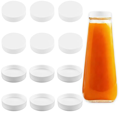 INCREWAY 12Pcs Plastic Bottle Lids, Replacement Bottle Caps for Glass Juice Bottles, Reusable Portable Lids for Juicing, Coffee, Jam, Travel Beverage Storage Containers (White, 50mm OD)