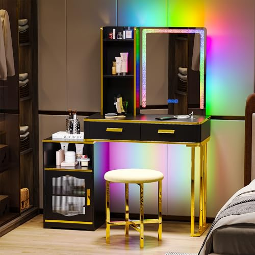 Gurexl Schminktisch mit verstellbaren LED-Beleuchtung und USB, 2-in-1 Schreibtisch mit Spiegel LED und Flexibler Unterschrank,Modern Kosmetiktisch mit Hocker für Wohnzimmer,Ankleidezimmer,Schwarz