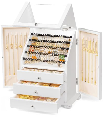 amoard Schmuckkästchen, großer Holzschmuckkasten mit 4 Ebenen und Schubladen, rustikaler Schmuckaufbewahrung für Ringe, Ohrringe, Halsketten und Armbänder (Weiß)