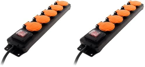 Zenitech - Bloc étanche IP44 5 Prises 16A 2P+T avec clapets et Interrupteur - Câble HO5RRF 3G1mm² 1,5m - Noir (Lot de 2)
