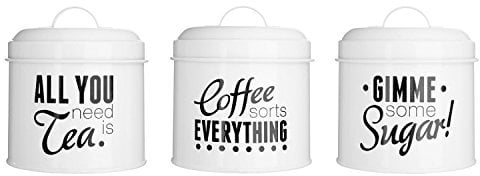 Premier Housewares Tea Coffee Sugar Canisters White Set of 3 Biscuit Tin Canisters Sets for the Kitchen Biscuit Tins Storage Biscuit Jar Dimensions (H x W x D): 13 cm x 11 cm x 11 cm