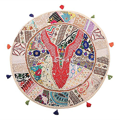 Stylo Culture Indisch Dekorativ Rund Bodensitzkissen 80x80 cm Groß Bodenkissen Pouf Vintage Weiß Boho Patchwork Sofa Sitzkissen Baumwolle Bestickt Boden Sitzkissen Ecke