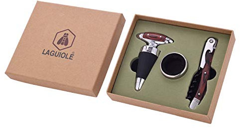LAGUIOLE - Coffret Sommelier - Set de 3 Accessoires: Élégant Bouchon Stopper Bois et Métal, Sommelier 3 Fonctions Bois et Métal - Collier Anti-goutte Métal - Coffret Cadeau Cartonné