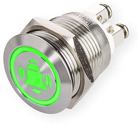 Metzler LED Drucktaster mit Glocken-Symbol, Einbau Ø 19 mm flacher Edelstahl-Taster mit farbig beleuchtetem Glocken-Symbol und Schraubkontakten, wasserdicht IP67, AC/DC (Grün)