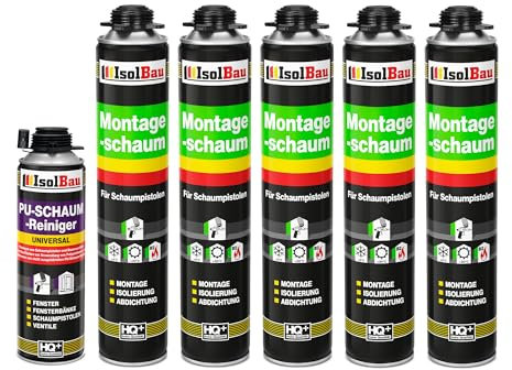 Isolbau Bauschaum-Set - Inkl. 5 x 1K Montageschaum B2 Pistolenschaum mit hervorragender Schall und Wärmedämmung (je 750 ml) & 1 x PU-Schaum-Reiniger (500 ml), Dämmen