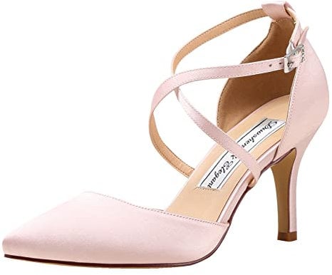 Duosheng & Elegant HC1901 Femme Bout Pointu Talon Haut Escarpins Sangle croisée Satin Chaussures de Mariage de mariée de soirée Rougir Rose EU 38