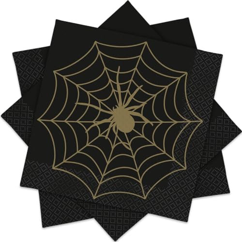 Unique Servietten Spinnennetz, Schwarz / Gold, 16 Stück