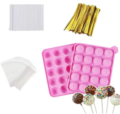 AKINGSHOP 20-Cavity Silicone Cake Pop Mold Set With Lollipop Sticks, Treat Bags, Twist Ties - For Cake Pops, Lollipops, Hard Candy, and Chocolate