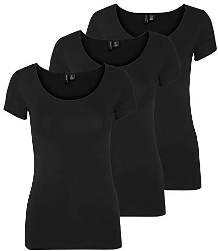 VERO MODA Damen VMMAXI My Soft SS U-Neck GA 3PACK 10247489, Black/Black & Black, M