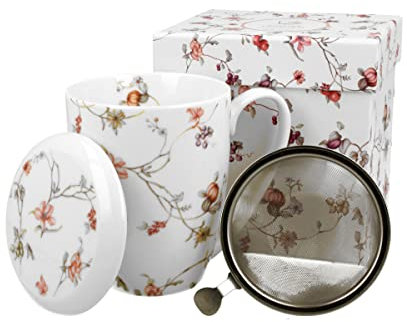 DUO FLORAL Becher 380 ml SAFA mit Teesieb, New Bone China Porzellan