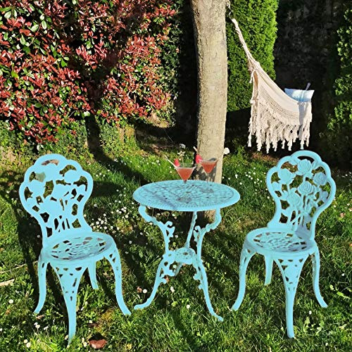 Set aus 1 Tisch und 2 Stühlen aus Aluminium, höchste Qualität und Widerstandsfähigkeit, für Garten, Balkon, Terrasse, Pool, handgefertigt in Europa, Türkis.