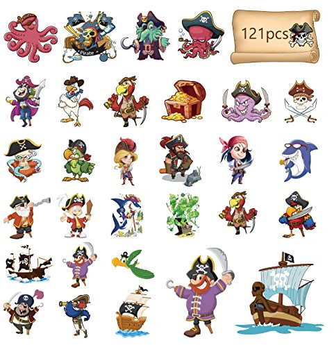 BAMZOK 121 teilig Piraten Tattoo für Kinder Jungen Mädchen Wasserdichte Hautfreundliche Kindertattoos Temporäre Tattoos Pirat Kindergeburtstag Mitgebsel Geschenk Kinder Sticker Aufkleber Spielzeug