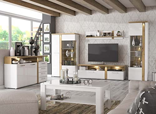 Froschkönig24 Thornton 6-teiliges Wohnzimmer Wohnwand Komplettset Weiß/Artisan Eiche