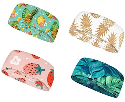 Jeiento Workout-Stirnbänder für Frauen, Sommer-Stirnband für Mädchen, rutschfeste Sport-Schweißbänder, Yoga-Haarbänder, Laufen, Workout, Haarbänder, Ananas/Erdbeere/Palmenblätter
