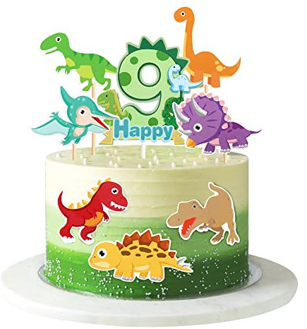 Blumomon 8 Stück Dinosaurier 9. Rex Happy Birthday Tortenaufsatz Glitzer T-Rex Dinosaurier Cupcake Toppers Baby Shower 9. Geburtstag Dinosaurier Thema Party Kuchen Dekorationen Supplies Grün