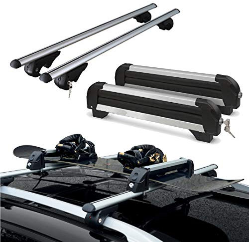 Dachträger aus Aluminium + Skiträger 4 Paar Ski oder 2 Snowboards für SEAT ALHAMBRA ab 1996 bis 2010 mit offenem Railing