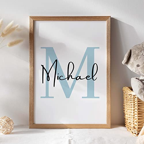 Generisch Personalisiertes Kinderzimmer Poster Jungen & Mädchen Wandbilder Babyzimmer Wanddeko mit Namen Buchstabenposter Geschenke zur Geburt für Jungen und Mädchen (Babyblau, A3 (42 x 29,7cm))