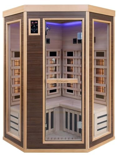 Dewello® Infrarotsauna Infrarotkabine Montreal 120x120 1-2 Person inkl. Vollspektrumstrahler, LED-Farblicht aus Hemlock Tannenholz & Walnuss-Holz, Bluetooth, FM,MP3,USB