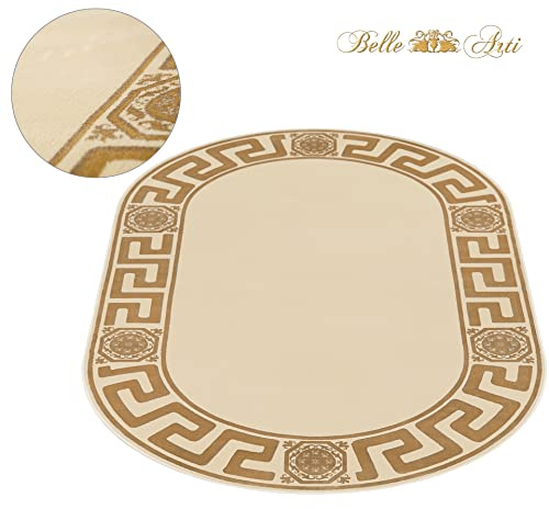 Belle Arti Teppich Oval Wohnzimmer Kurzflor Wohnzimmerteppich Schlafzimmer Flur Mäander Design in beige Gold - Weich Antirutsch Seidenglanz - 152x230 cm, Oval