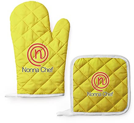 Set da Cucina Guanto e Presina Personalizzati Colorati Idea Regalo Festa della Mamma Dei Nonni Personalizzato Speciale Compleanno Natale per Mamma Nonna Cuoca Chef Famiglia Amore Nonnachef Master