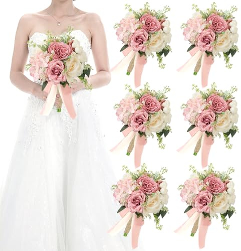 HOMENERGY Set of 6 Wedding Bridesmaid Bouquets - 7 Inch Artificial Flowers Bouquets for Ceremony Anniversary Centerpieces Decorations - Pink & White