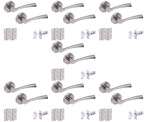 HANDLEZONE® 7 Sets Lobo Internal Door Handles on Rose Lever Latch Packs with 75mm Ball Bearing Hinges and 76mm Latches - Dual Polished/Satin Nickel