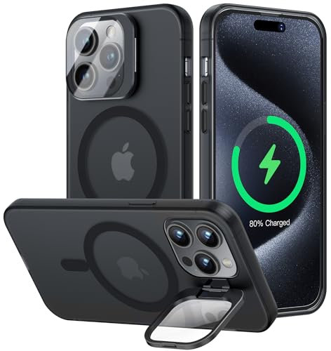 OLHAOMAO Cover MagSafe per iPhone 15 Pro,Magnetica Custodia con Cavalletto protezione fotocamera integrata,Traslucida Opaca Posteriore Sottile Antiurto Case, Nero